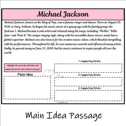 Michael Jackson | Main Idea and Supporting Details Reading Passage and Questions