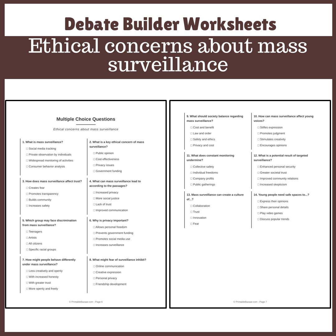 Ethical concerns about mass surveillance | Favour and Against Worksheet Printable Activity