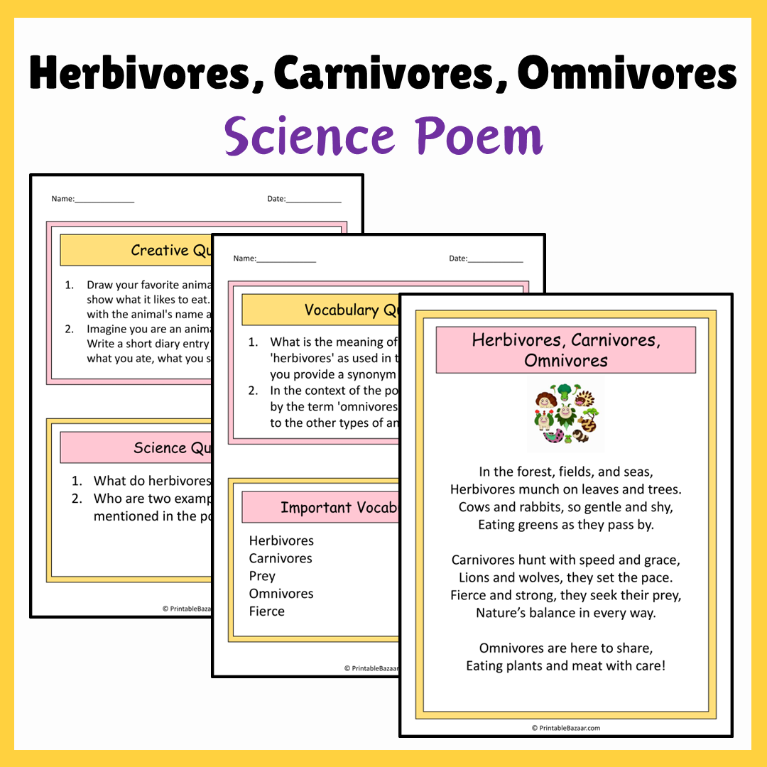 Herbivores, Carnivores, Omnivores | Science Poem Reading Comprehension Activity