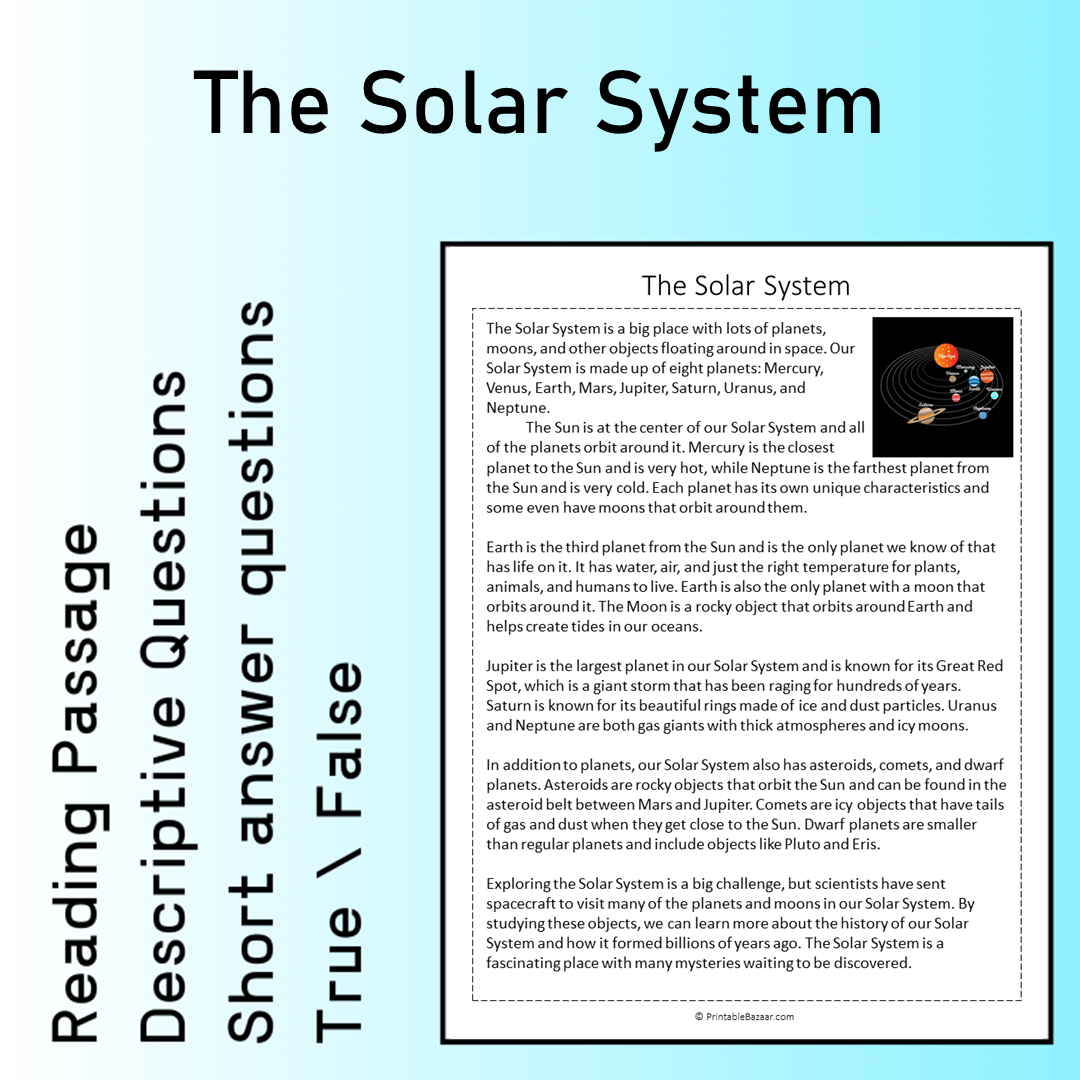 The Solar System | Reading Comprehension Passage Printable Worksheet