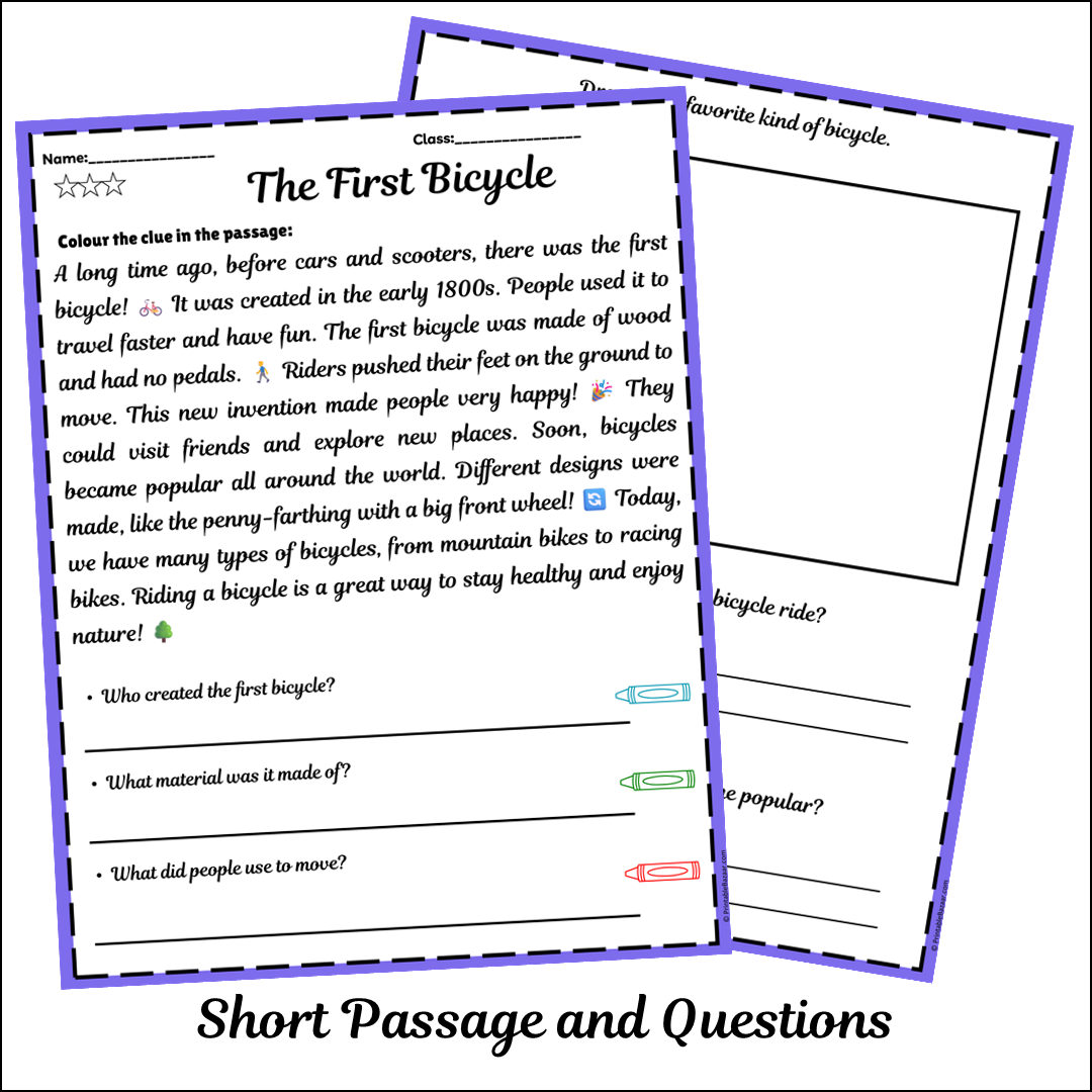 The First Bicycle | Short Reading Comprehension Creative Worksheet