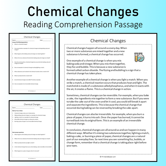 Chemical Changes | Reading Comprehension Passage Printable Worksheet