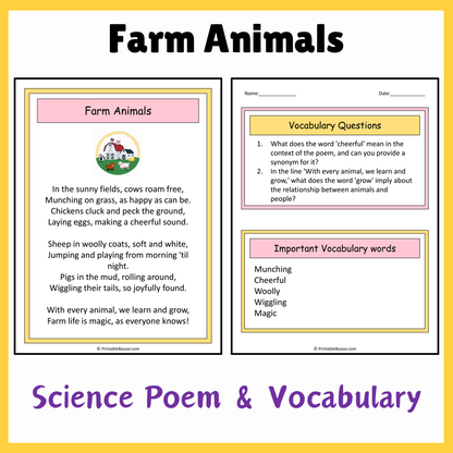 Farm Animals | Science Poem Reading Comprehension Activity