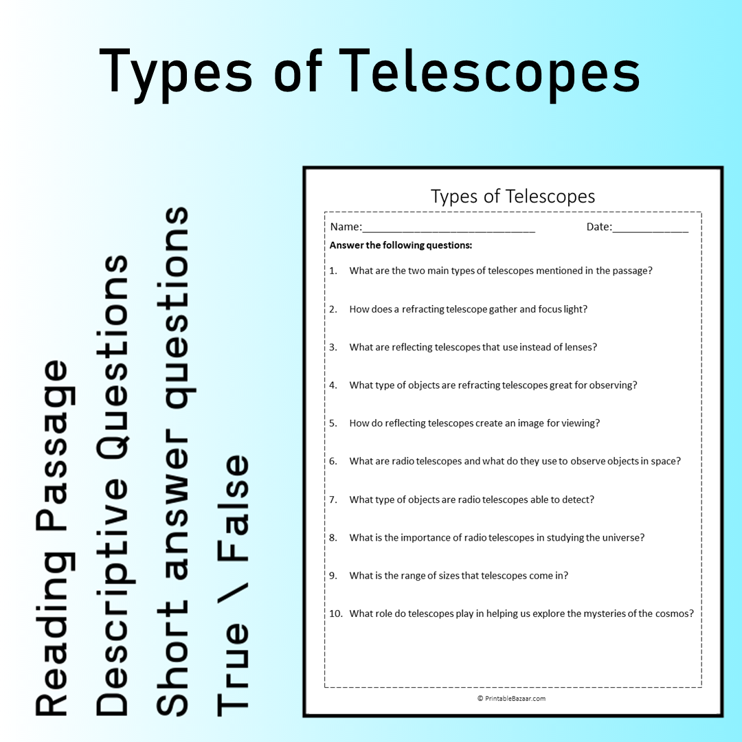 Types of Telescopes | Reading Comprehension Passage Printable Worksheet