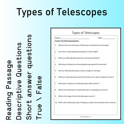 Types of Telescopes | Reading Comprehension Passage Printable Worksheet