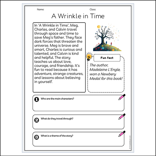 A Wrinkle in Time | Reading Passage Comprehension Questions Writing Facts Worksheet