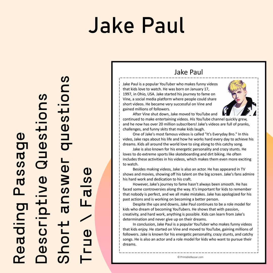 Jake Paul | Reading Comprehension Passage Printable Activity