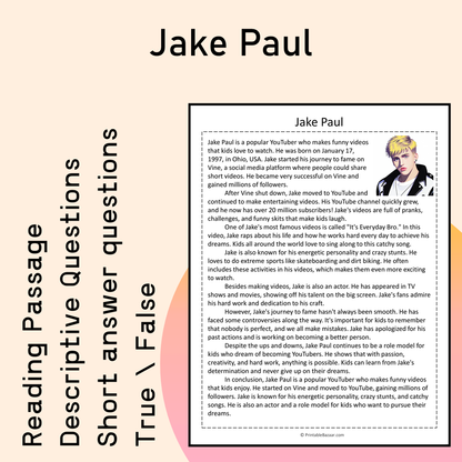 Jake Paul | Reading Comprehension Passage Printable Activity
