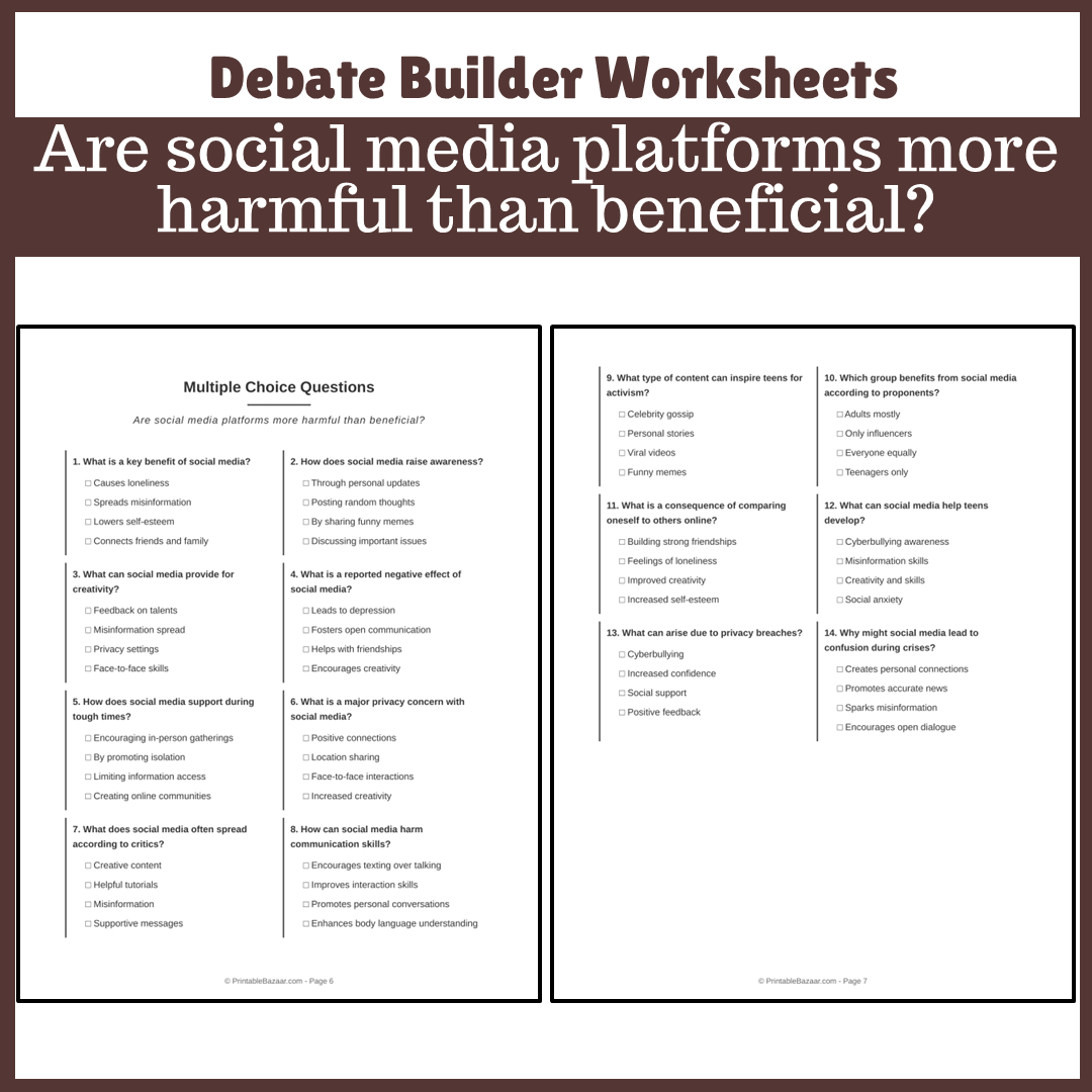 Are social media platforms more harmful than beneficial? | Favour and Against Worksheet Printable Activity