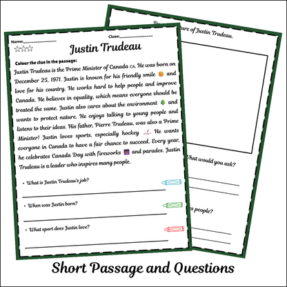 Justin Trudeau | Short Reading Comprehension Creative Worksheet
