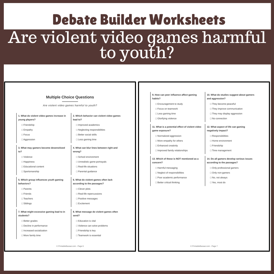 Are violent video games harmful to youth? | Favour and Against Worksheet Printable Activity