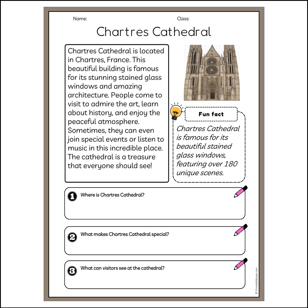 Chartres Cathedral | Reading Passage Comprehension Questions Writing Facts Worksheet