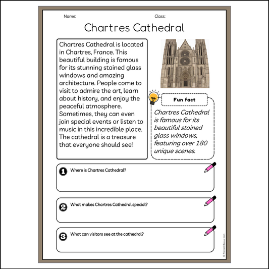 Chartres Cathedral | Reading Passage Comprehension Questions Writing Facts Worksheet