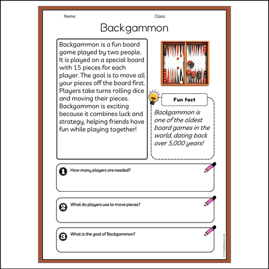 Backgammon | Reading Passage Comprehension Questions Writing Facts Worksheet