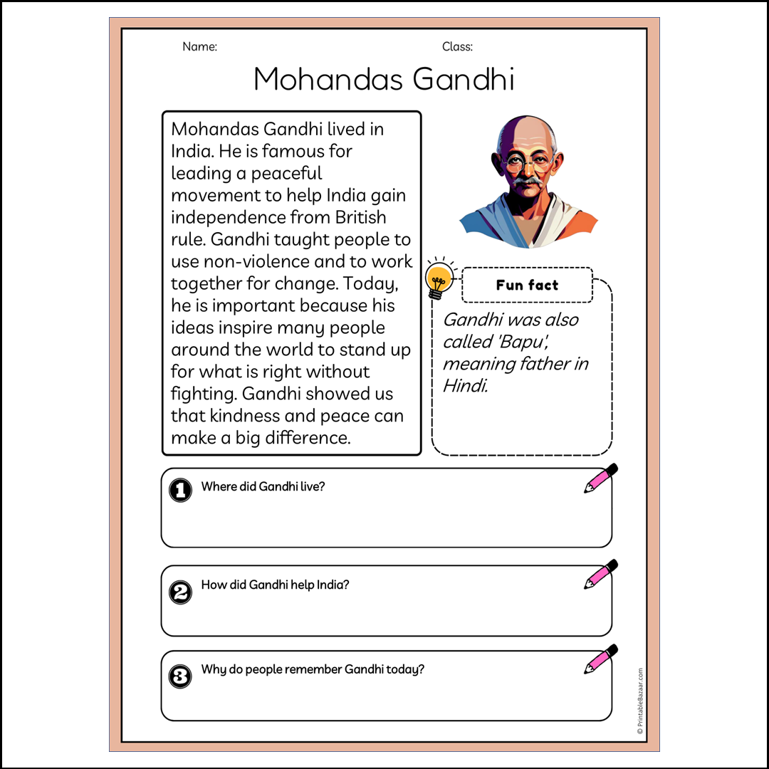 Mohandas Gandhi | Reading Passage Comprehension Questions Writing Facts Worksheet