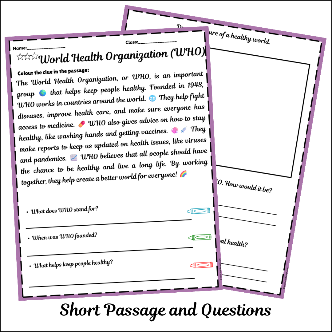 World Health Organization (WHO) | Short Reading Comprehension Creative Worksheet