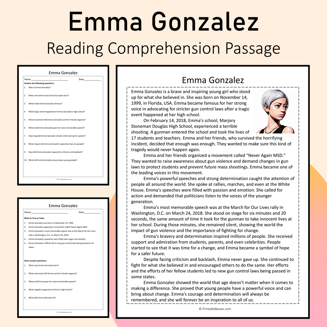 Emma Gonzalez | Reading Comprehension Passage Printable Activity