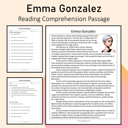 Emma Gonzalez | Reading Comprehension Passage Printable Activity