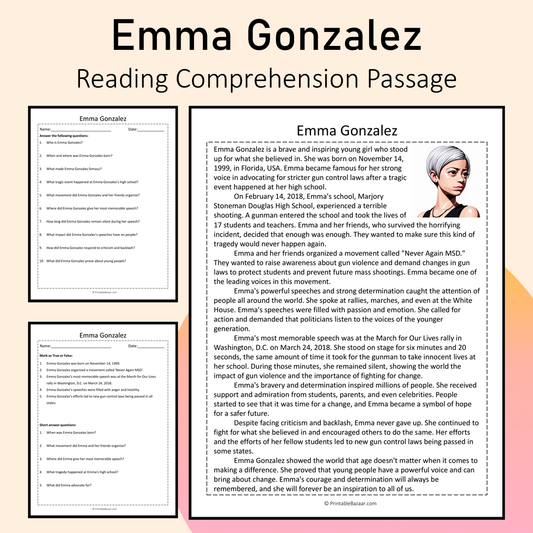 Emma Gonzalez | Reading Comprehension Passage Printable Activity