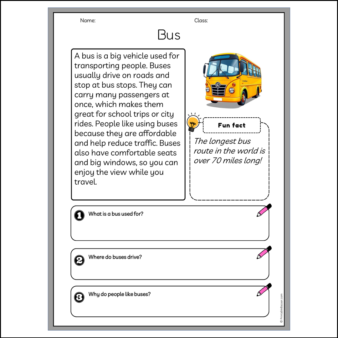 Bus | Reading Passage Comprehension Questions Writing Facts Worksheet