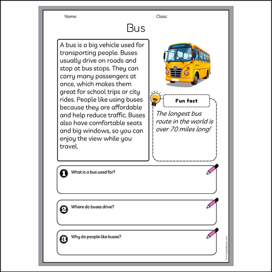 Bus | Reading Passage Comprehension Questions Writing Facts Worksheet