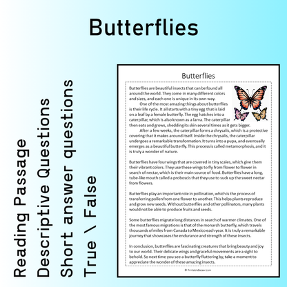 Butterflies | Reading Comprehension Passage Printable Worksheet