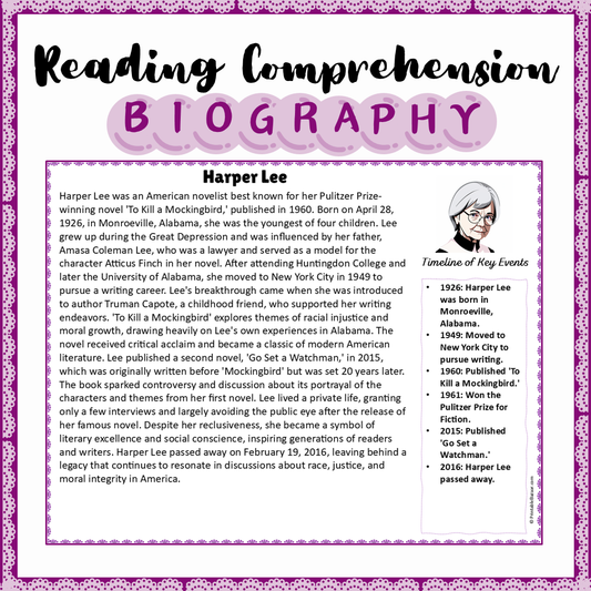 Harper Lee | Biography Reading Comprehension and Questions Worksheet