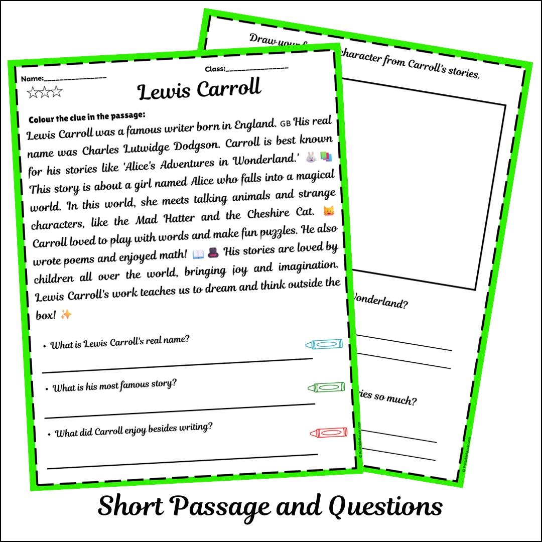 Lewis Carroll | Short Reading Comprehension Creative Worksheet