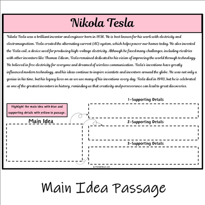 Nikola Tesla | Main Idea and Supporting Details Reading Passage and Questions