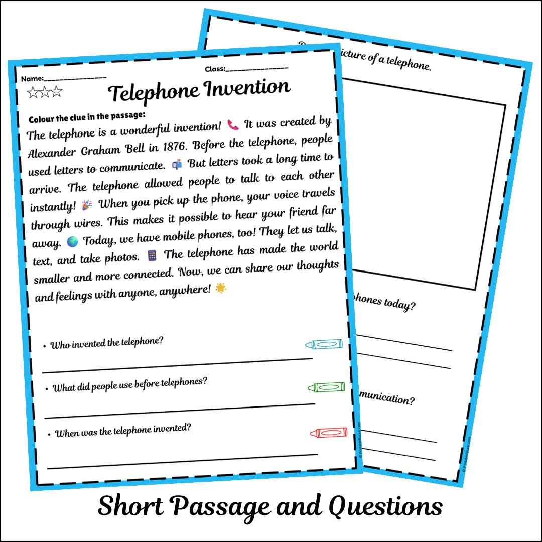 Telephone Invention | Short Reading Comprehension Creative Worksheet