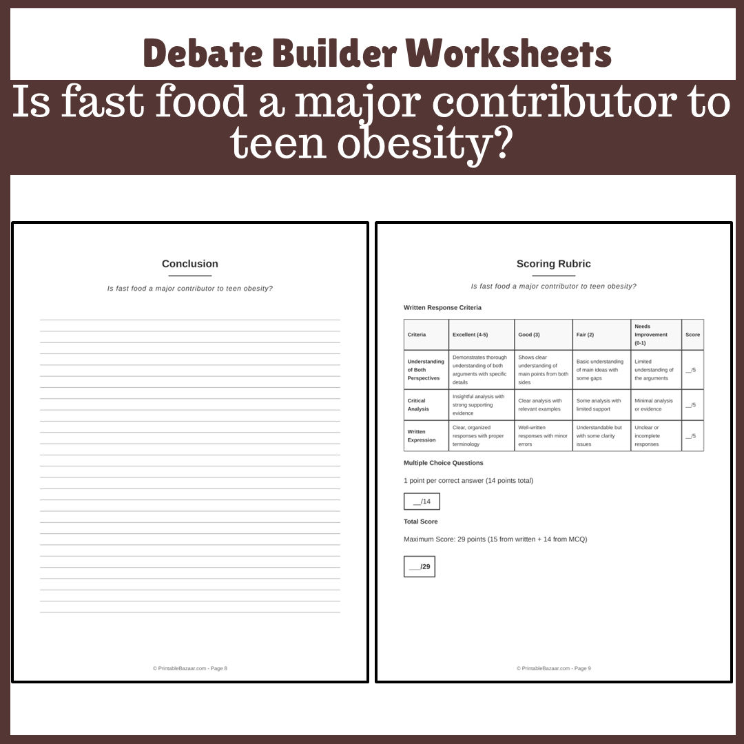 Is fast food a major contributor to teen obesity? | Favour and Against Worksheet Printable Activity