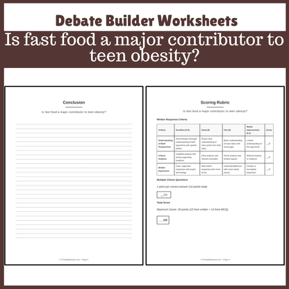 Is fast food a major contributor to teen obesity? | Favour and Against Worksheet Printable Activity