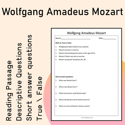 Wolfgang Amadeus Mozart | Reading Comprehension Passage Printable Activity