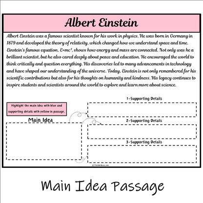 Albert Einstein | Main Idea and Supporting Details Reading Passage and Questions