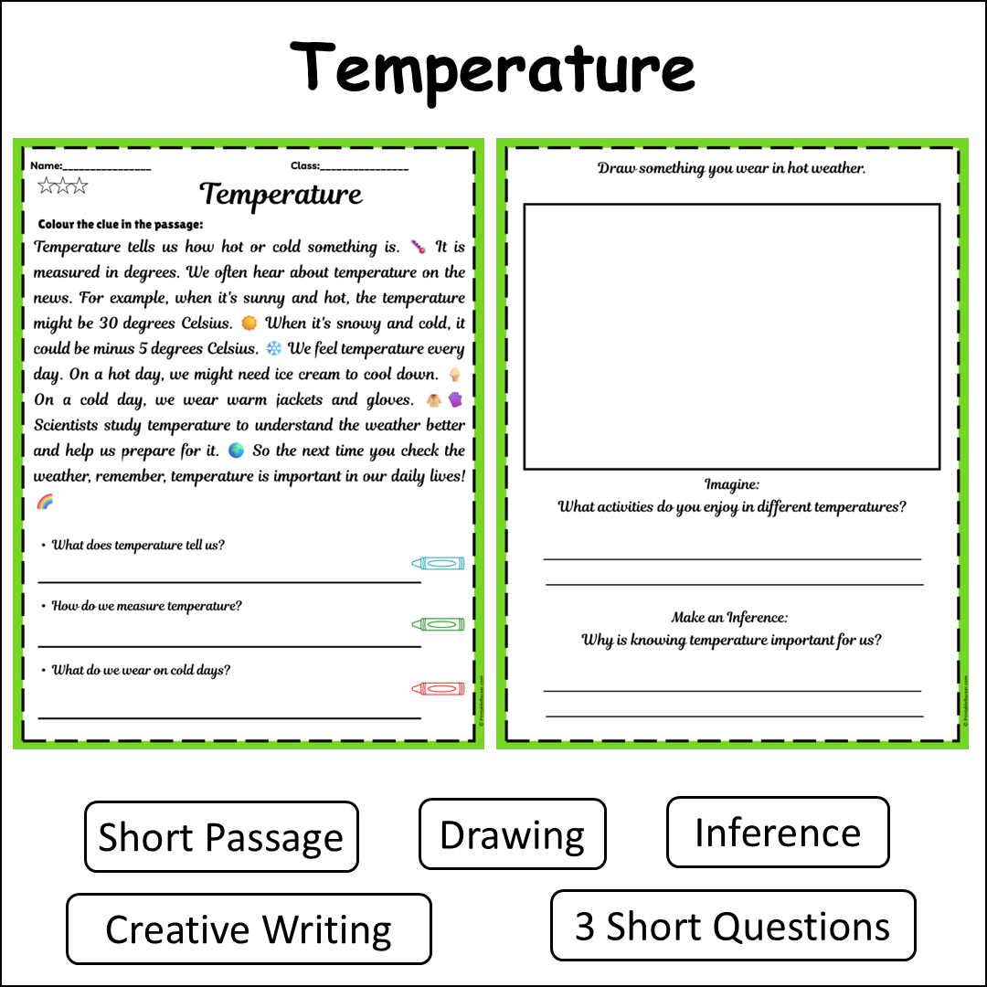 Temperature | Short Reading Comprehension Creative Worksheet