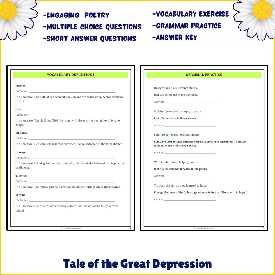 Tale of the Great Depression | Poem Grammar Worksheet Printable Activity