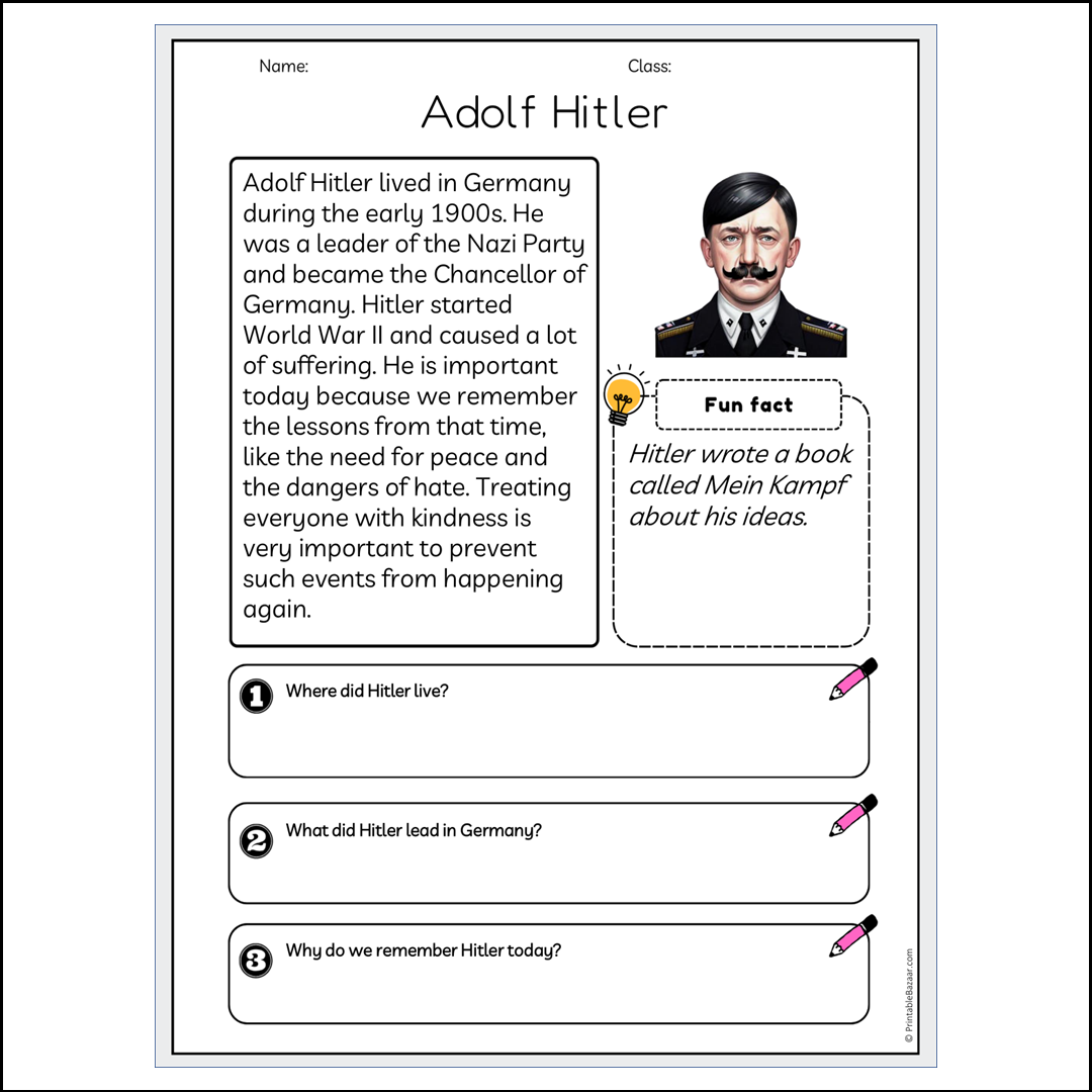 Adolf Hitler | Reading Passage Comprehension Questions Writing Facts Worksheet