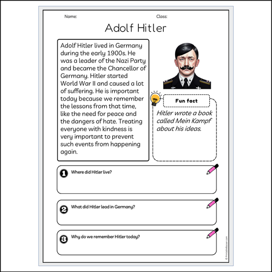 Adolf Hitler | Reading Passage Comprehension Questions Writing Facts Worksheet