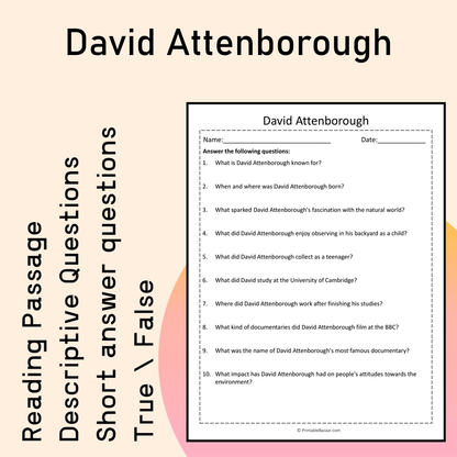 David Attenborough | Reading Comprehension Passage Printable Activity