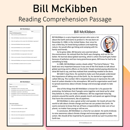 Bill McKibben | Reading Comprehension Passage Printable Activity