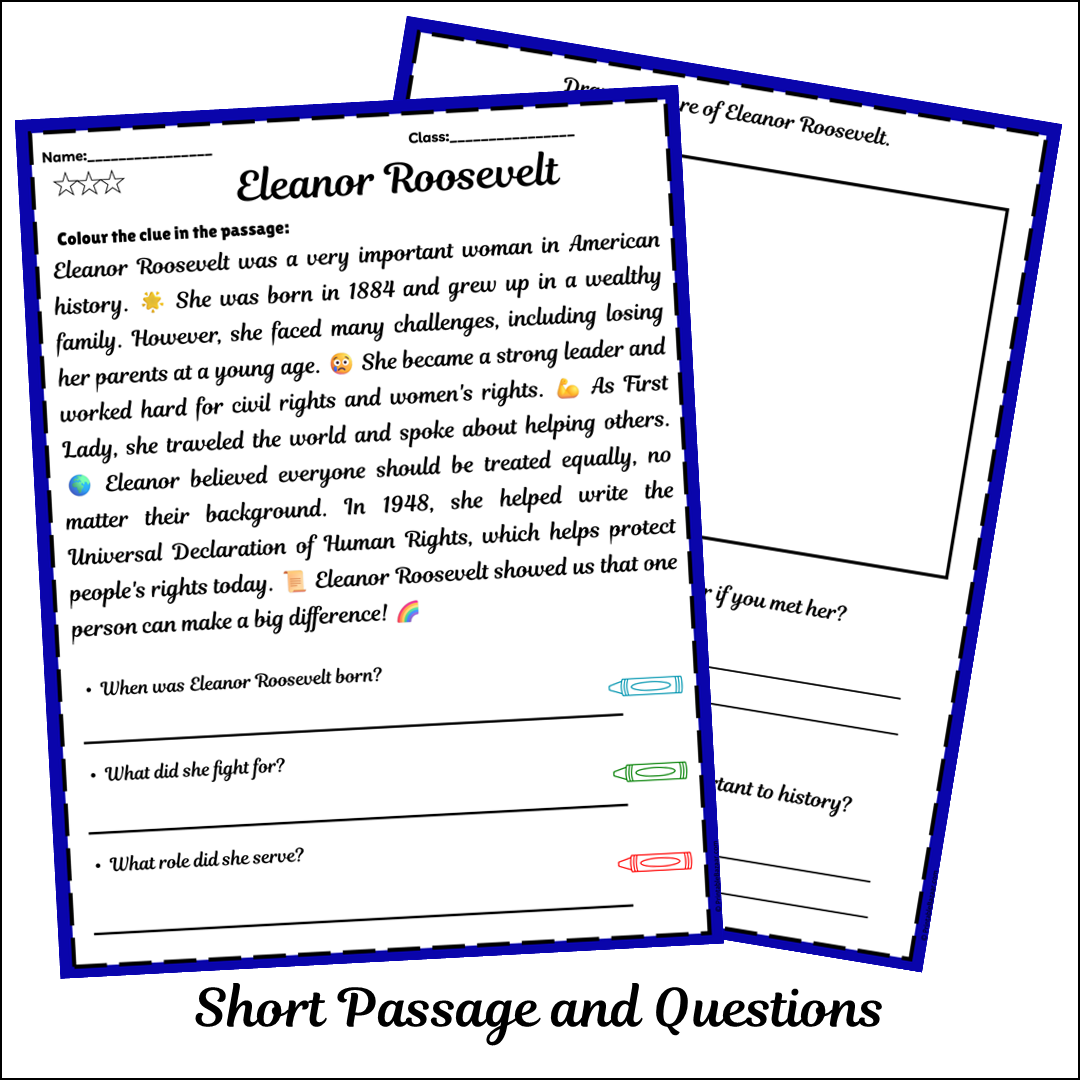 Eleanor Roosevelt | Short Reading Comprehension Creative Worksheet