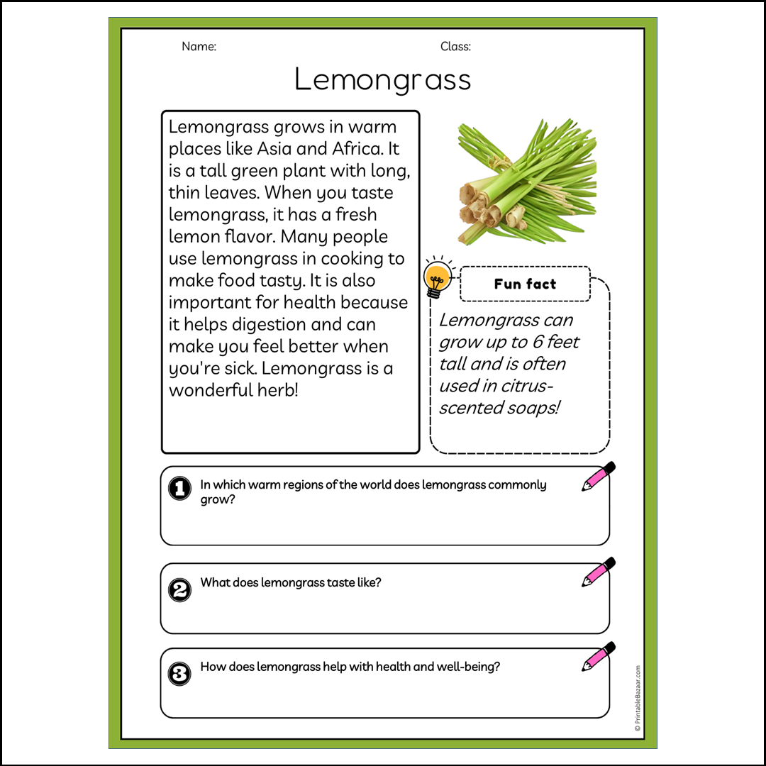 Lemongrass | Reading Passage Comprehension Questions Writing Facts Worksheet