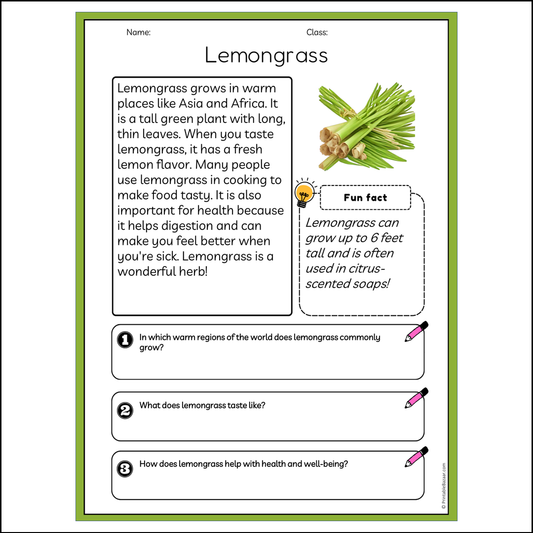 Lemongrass | Reading Passage Comprehension Questions Writing Facts Worksheet