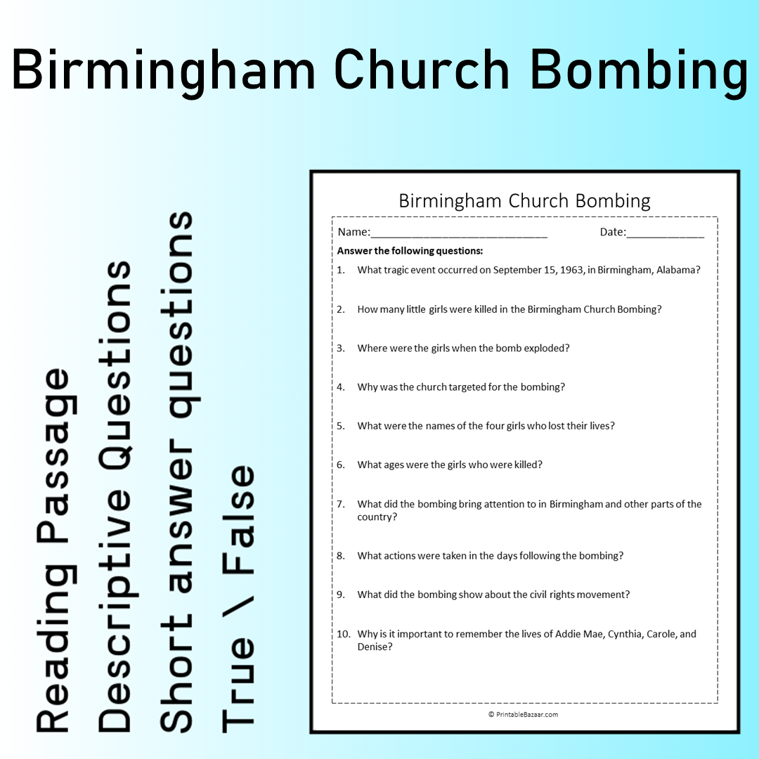 Birmingham Church Bombing | Reading Comprehension Passage Printable Worksheet