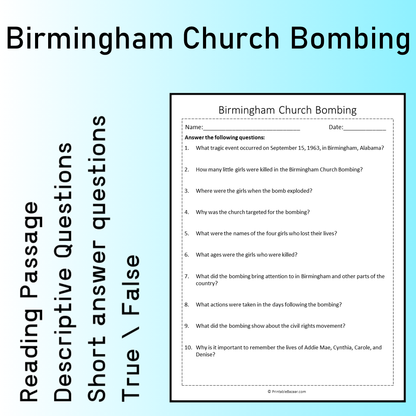 Birmingham Church Bombing | Reading Comprehension Passage Printable Worksheet