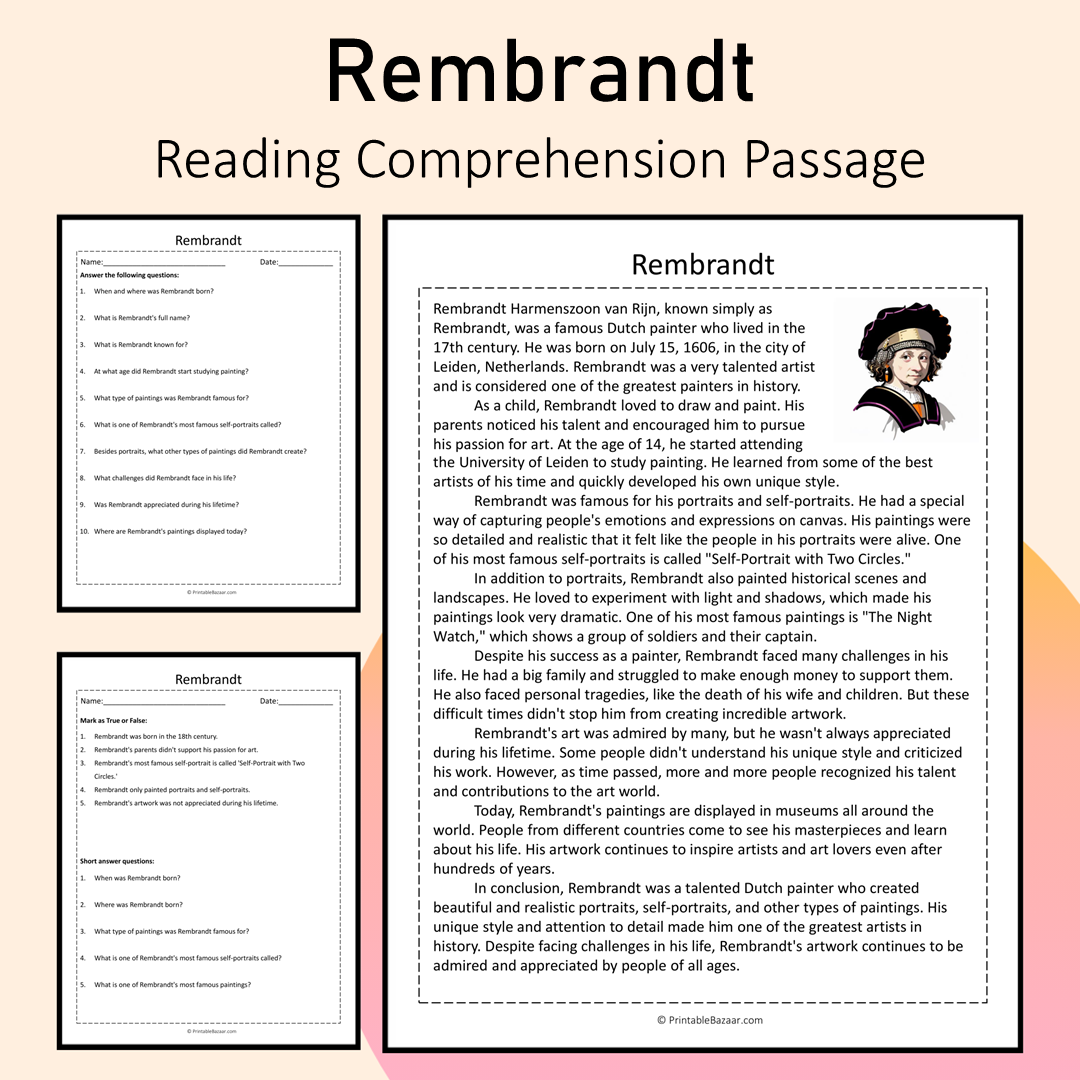 Rembrandt | Reading Comprehension Passage Printable Activity