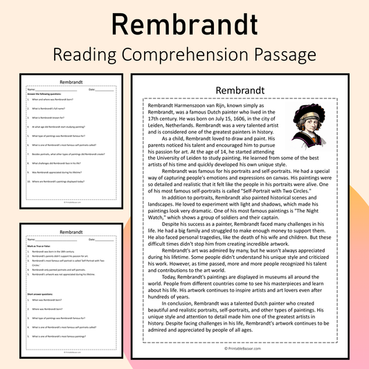 Rembrandt | Reading Comprehension Passage Printable Activity