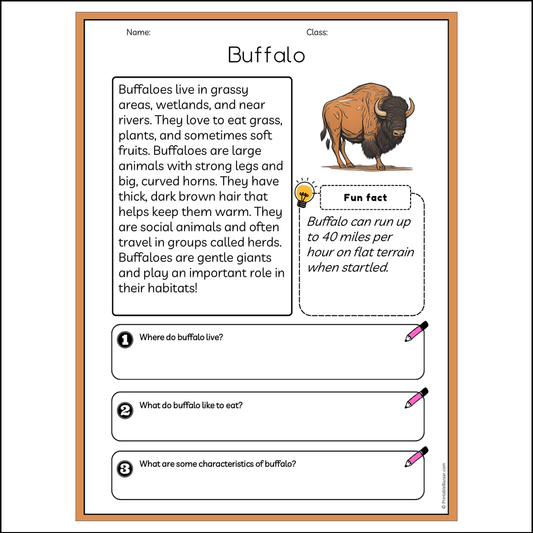 Buffalo | Reading Passage Comprehension Questions Writing Facts Worksheet