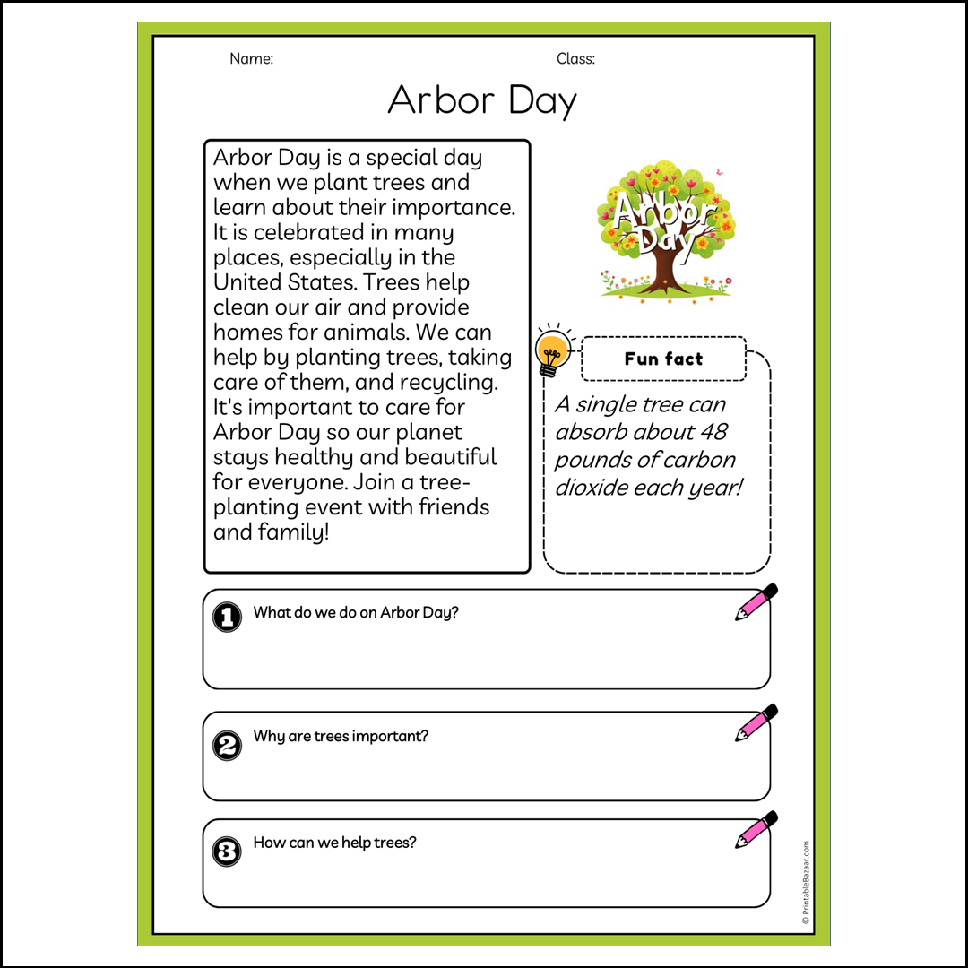 Arbor Day | Reading Passage Comprehension Questions Writing Facts Worksheet