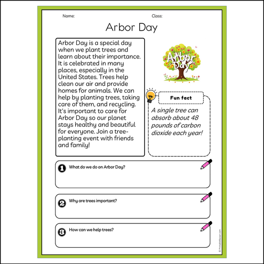 Arbor Day | Reading Passage Comprehension Questions Writing Facts Worksheet